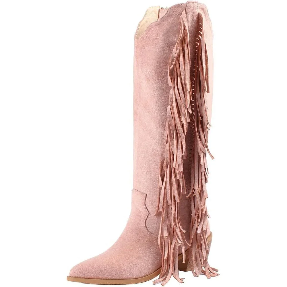 Women Pink Synthetic Fringe Tassels Pointed Toe Knee High Western Cowgirl Boots